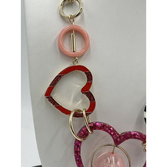 Betsey Johnson Modern Red Pink Mixed Heart & Bead Shapes Statement Necklace - Picture 3 of 16